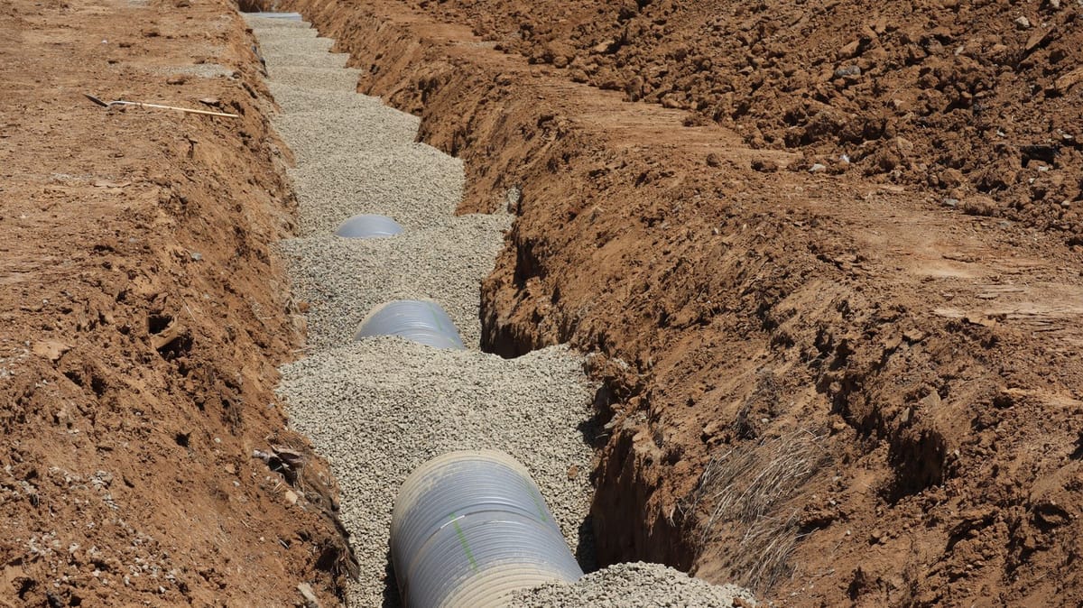 Leach field trenches with distribution pipe and gravel during a field replacement